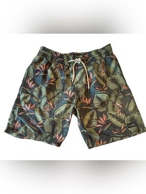 Barney Cools Green Leaf & Pink Accent Tropical Swim Trunks Size 32” Unlined